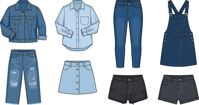 Denim Fashion Clothing Vector Set Featuring Distressed Jeans, Trucker Jacket, Button Up Shirt, Skirts, Overalls, and Casual Jean Shorts Apparel Mockup Templates