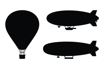 Airship and hot air balloon silhouettes vector set with zeppelin dirigible aviation © Sadek