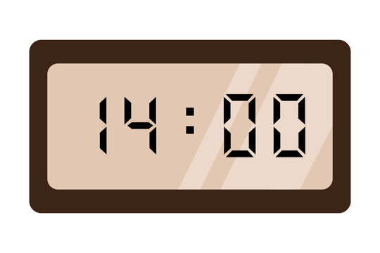 brown digital clock on white background shows 14:00