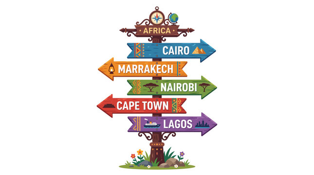 Africa direction signpost with cities: Cairo, Marrakech, Nairobi, Cape Town, Lagos