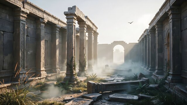 Ancient Roman Ruins with Pillars and Water Feature in Museum Setting