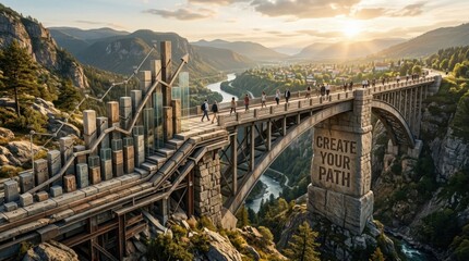 Obraz premium Digital illustration of a mountain bridge integrated with a financial bar chart and growth line, showing people walking across a valley with stone pillars and Create Your Path text.