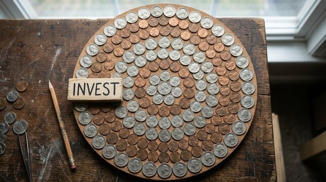 Bird's eye view of a target-shaped arrangement of US quarters and pennies on a cork board with a wooden block reading INVEST, pencil, and tweezers on a rustic wooden table surface.