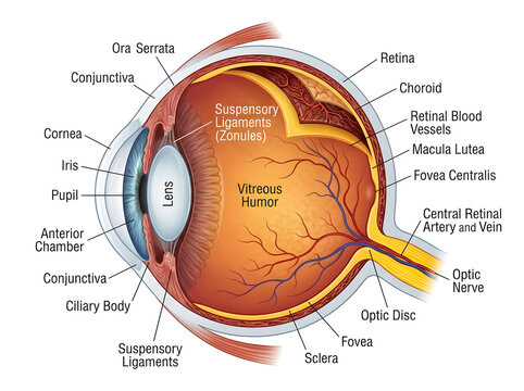 Anatomical cross-section diagram of the human eye isolated on white background