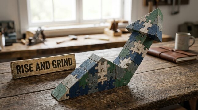 Wooden puzzle graph arrow on rustic workbench with Rise and Grind sign, leather notebook, and workshop tools in soft focus. Progress and growth concept represented by blue and green pieces.