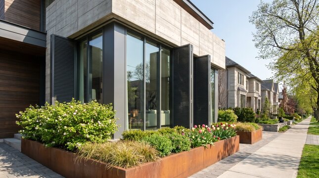 Modern luxury residential home exterior with large glass windows and corten steel garden planters.