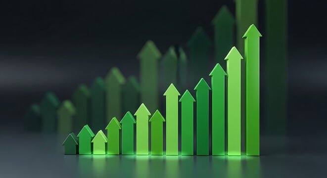 A collection of green 3D arrows pointing upwards in varying sizes