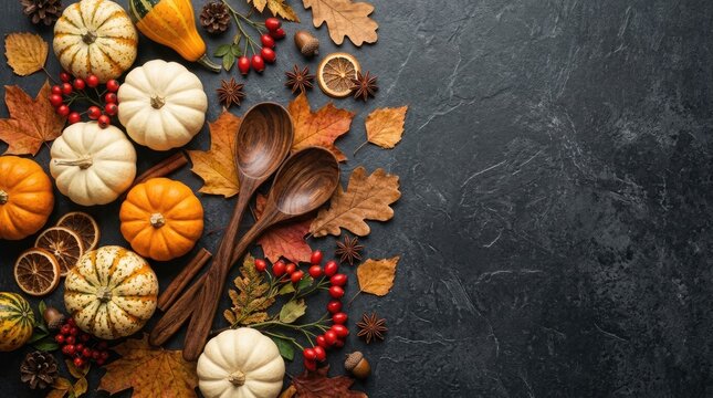 Autumn harvest pumpkins and leaves on dark slate background