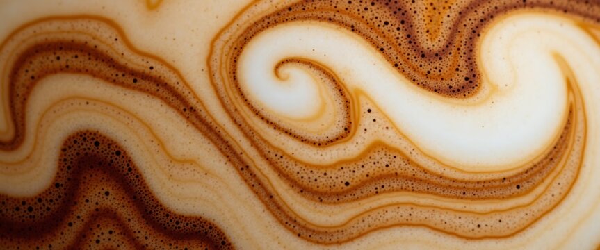 Macro shot of coffee and milk swirl abstract pattern with tiny bubbles.