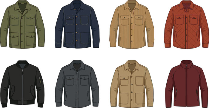 Collection of mens outerwear jackets and casual shirt jackets vector technical sketches including bomber and utility coats