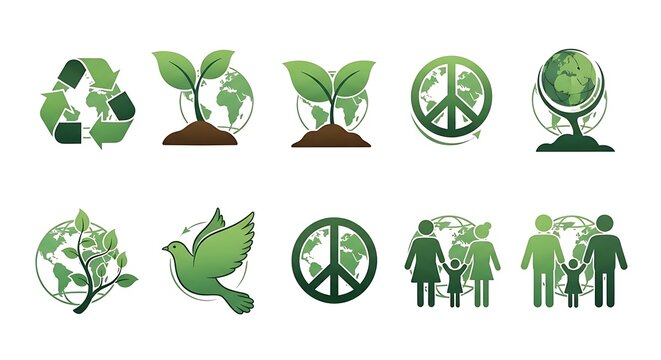 A collection of green eco-friendly icons on a white background
