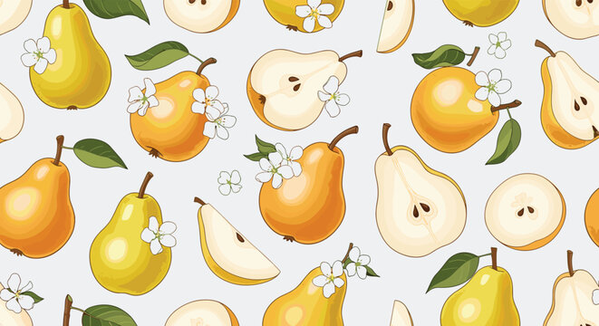 cheerful seamless pattern with yellow whole pears pear halves and slices and white blossoms on a light grey background for fruit theme designs.