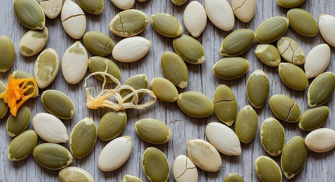 A collection of green and white seeds scattered on a wooden surface