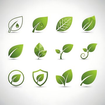 A collection of green leaf icons in various styles and shapes, arranged in three rows on a white background