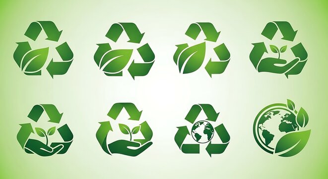 A collection of green recycling symbols with leaves on a gradient background
