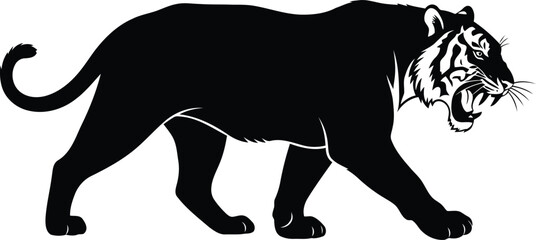 Black Panther Silhouette Walking Isolated on White Background, Wild Cat Animal Profile © SAIF820