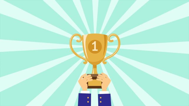 Golden winner trophy held high in celebration with radiant sunburst background. Success, achievement and championship concept vector illustration for awards, business and motivation themes.