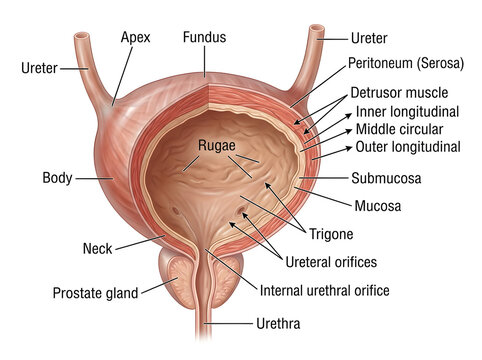 Anatomical diagram of the human urinary bladder structure isolated on white background