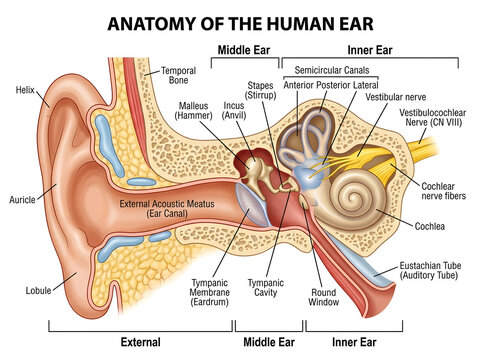 Anatomy diagram of the human ear with labeled parts isolated on white background