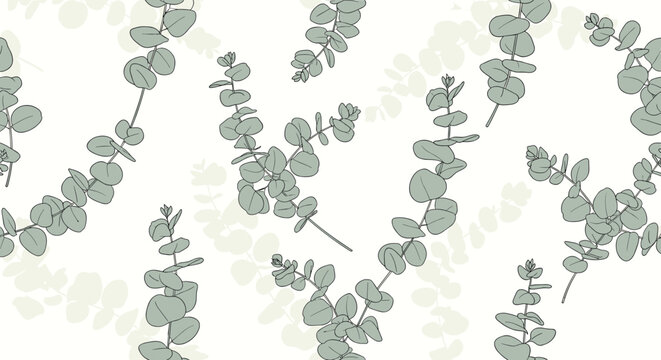 Calming seamless pattern featuring delicate eucalyptus leaves and branches in soft green tones on a white background, perfect for spa and wellness.