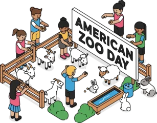 Fototapeten Zoo American Zoo Day isometric cartoon scene with children, animals, and zoo entrance sign illustration  © SAIF820