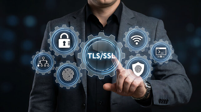 Businessman pointing at TLS SSL encryption cybersecurity network certificate