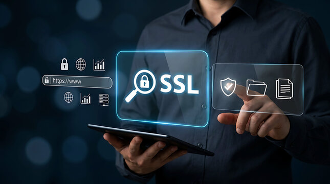 SSL certificate security concept with businessman holding digital tablet