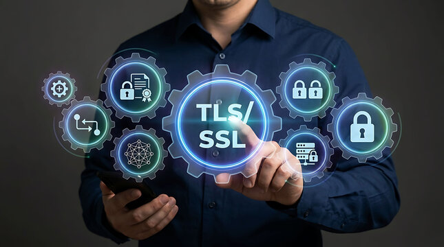 Man touching TLS SSL security certificate network encryption concept icon