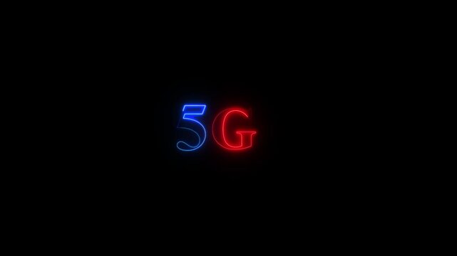 5 g network technology neon sign glowing animation on black background, for digital communication, and speed internet, connectivity concepts