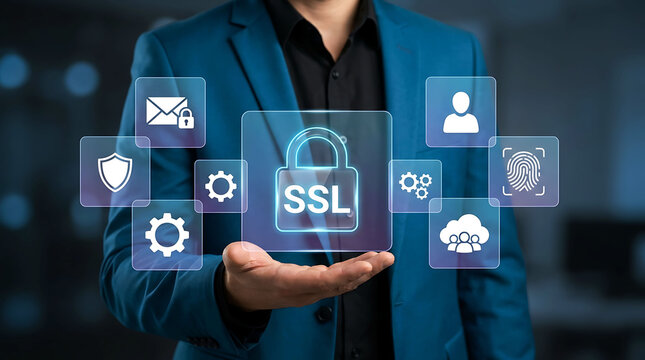 Businessman holding SSL certificate icon for website data security