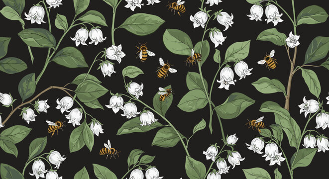 Elegant seamless pattern of delicate white lily of the valley flowers and busy honeybees on a dark black background for a sophisticated floral decor.