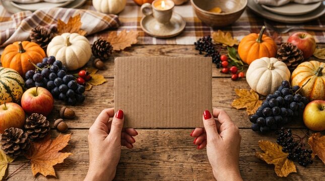 Autumn harvest table setting with blank card for thanksgiving or fall promotion