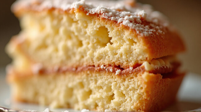 A slice of cake with a jam filling and powdered sugar on a blurred background
