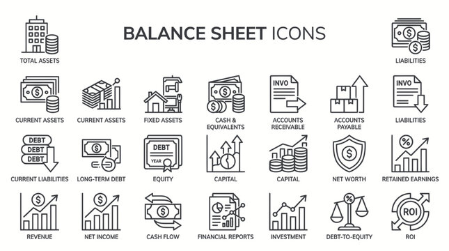 Balance Sheet Icons Set: Financial Accounting and Business Metrics