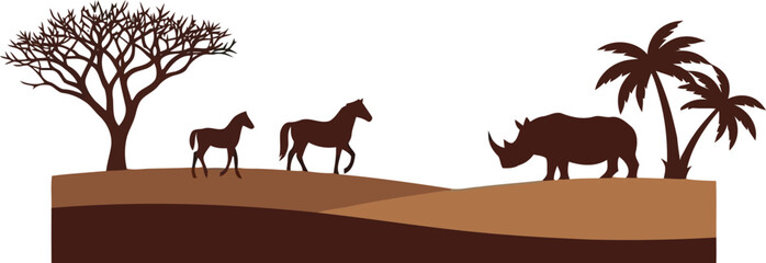 African Savanna Wildlife Silhouettes with Acacia Tree, Rhino and Horses in Sunset Landscape © SAIF820