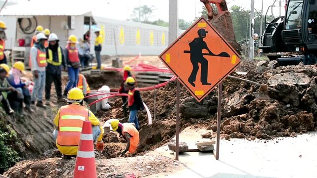 Construction workers digging a hole on a road with a warning sign