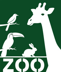 Obraz premium White Zoo Sign with Animal Silhouettes on Green Background, Wildlife Park Icon Illustration