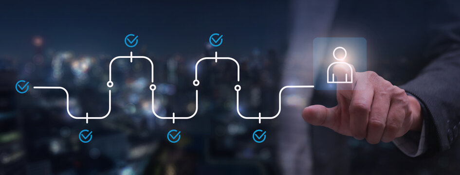 Confident manager operates intelligent hiring process recruitment selection choosing talent for career business growth via digital interface