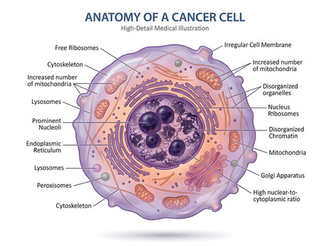 Detailed anatomy illustration of a cancer cell isolated on white background