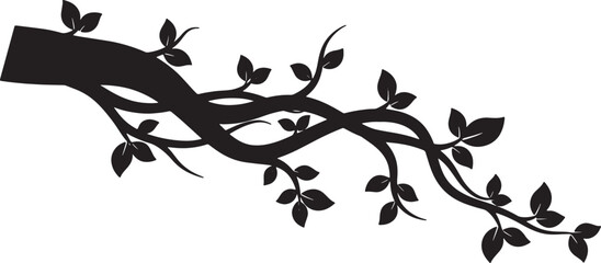 Fototapeta premium Tree branch with leaves, detailed black silhouette of nature element.