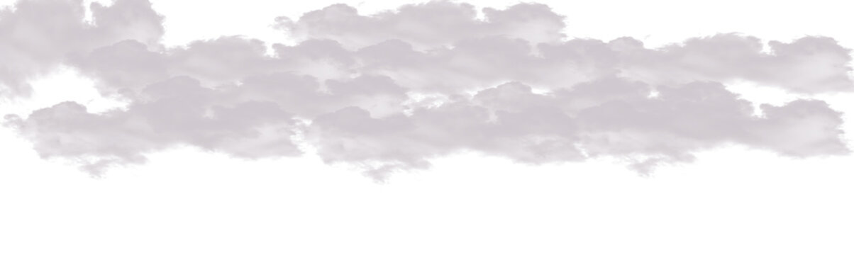 Real fluffy white cumulus clouds cutout isolated on black background. Fluffy white cloud panorama brush element isolated on transparent black layout