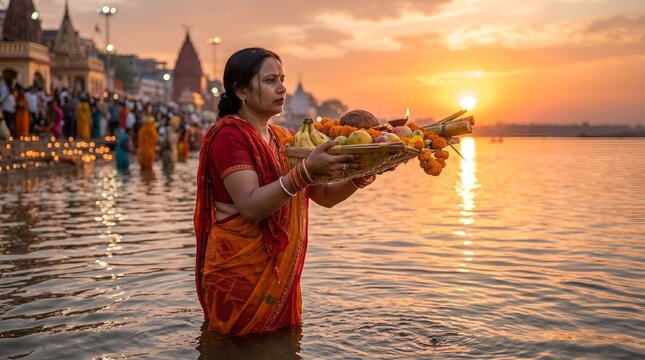 Devotee performing Chhath Puja ritual by river at sunset