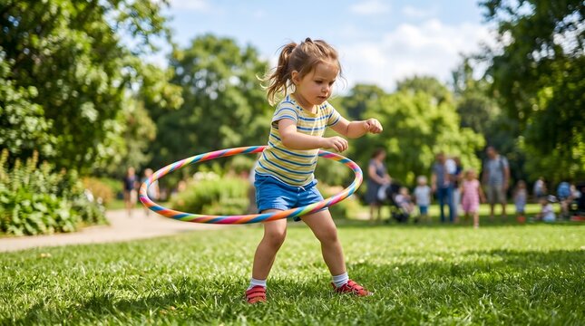 Little girl playing with colorful hula hoop in sunny park.