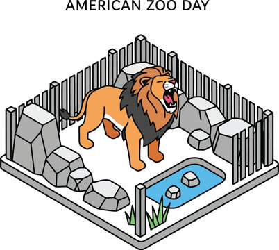 American Zoo Day illustration of a lion in a fenced zoo enclosure with rocks and water pool