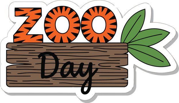 Cartoon Zoo Day Wooden Sign with Green Leaves, Playful Hand Drawn Illustration for Family Outing