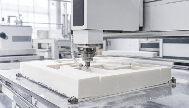 CNC machine cuts a white foam block in a bright industrial workshop. The clean manufacturing setup suggests precision prototyping and tooling production.