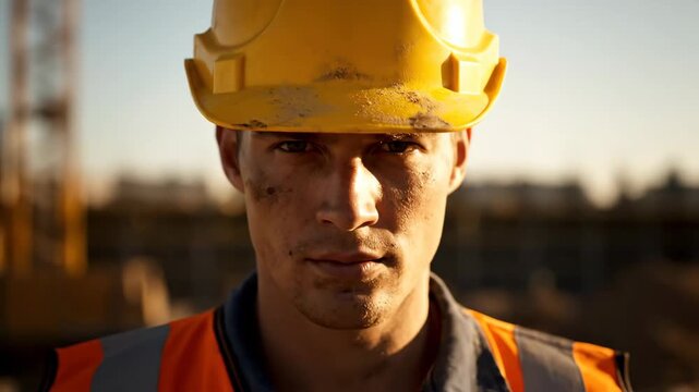 Close-up portrait of a hardworking construction worker in a hard hat