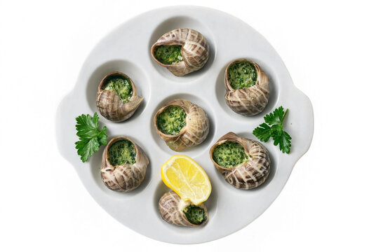 A plate featuring eight escargots filled with garlic herb butter, garnished with parsley and a lemon wedge. Perfect for gourmet dining and French cuisine.