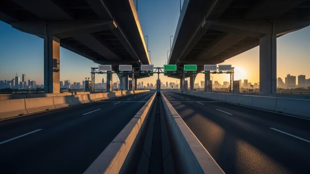 Empty highway under overpass at sunrise with city skyline in distance.
