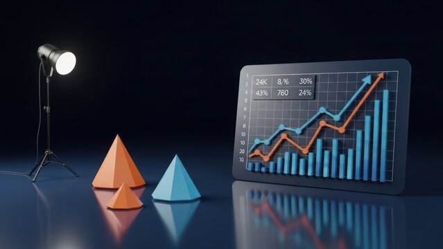 Financial Growth Chart with Pyramids and Spotlight.